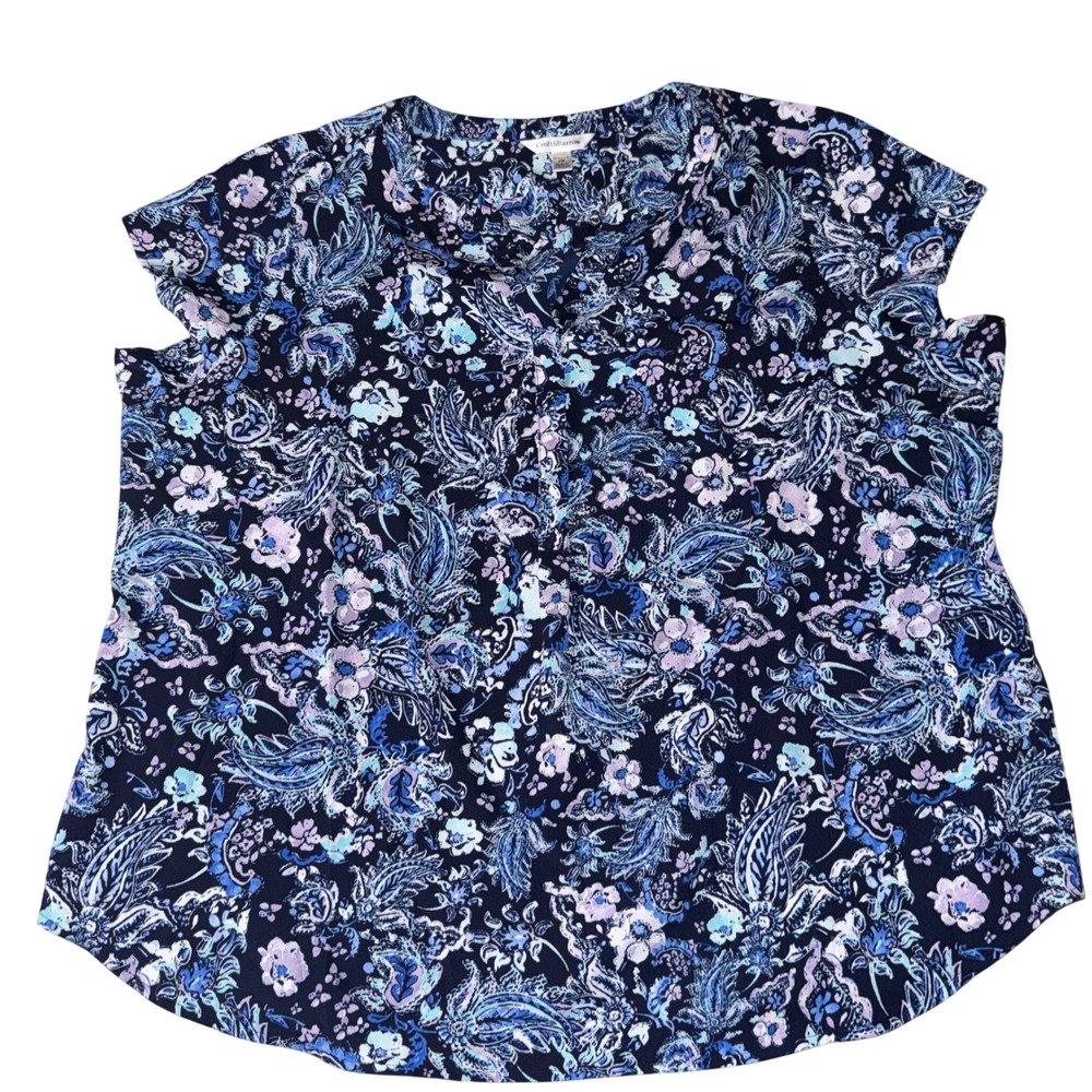 Croft & Barrow Blouse 2X Blue Floral Paisley Split Neck Button Front Top